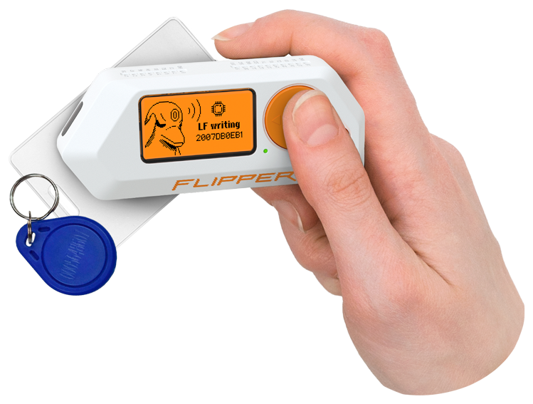 Compact Flipper Zero device being held in a hand, highlighting its portability.